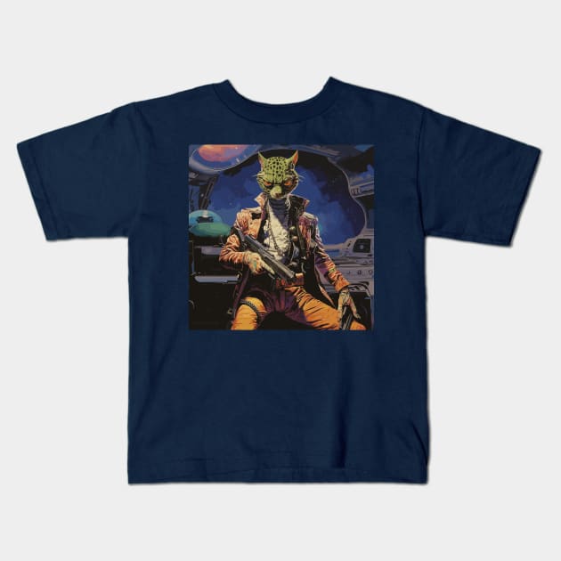 Space Cowboy Cat Kids T-Shirt by Ray Crimson